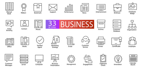 Fototapeta na wymiar Collection of 33 Business Outline Icons. Thin Line Contains Such Icons as Support, Management, Contact and More. Usable for Business, User Interface, Web Icons or Mobile Phone Apps