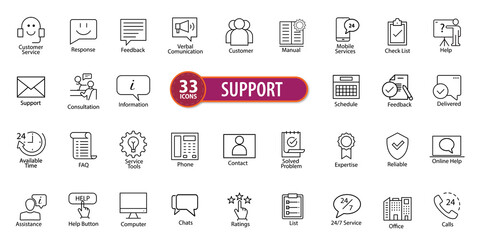 Collection of 33 Support Outline Icons. Thin Line Contains Such Icons as Customer Service, Response, Feedback and More. Usable for Business, User Interface, Web Icons or Mobile Phone Apps