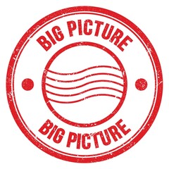 BIG PICTURE text written on red round postal stamp sign