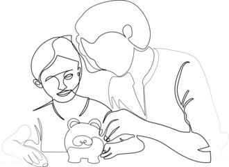 Young parent mother teach child little daughter girl to manage finances save money spend earnings with economy plan family budget. Vector illustration