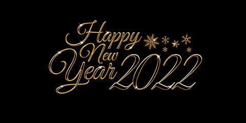 Happy new year 2022. Elegant text with golden letters and snowflakes on a black background. Congratulatory picture. 