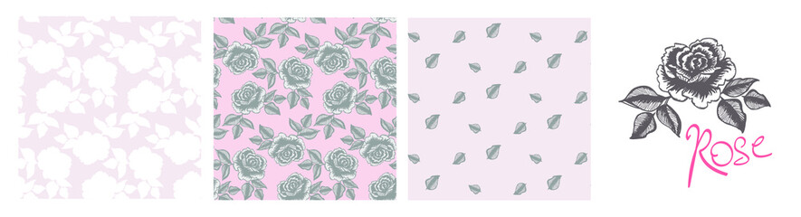 Pritty rose flower with leaves, seamless pattern set for textile or wallpaper. Cute for girl and romantic style 