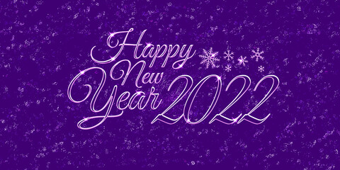 Happy new year 2022. Elegant text and snowflakes on a purple background. Congratulatory picture. 