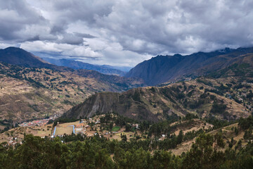 Fototapeta na wymiar Panoramic view of the city of Chavin de Huantar in the province of Huari in the department of Ancash; photograph taken from the top of the town of Gaucho, observing the details of the town at the foot