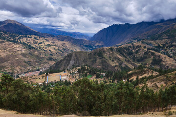 Panoramic view of the city of Chavin de Huantar in the province of Huari in the department of Ancash; photograph taken from the top of the town of Gaucho, observing the details of the town at the foot