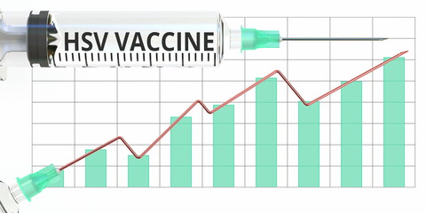 Syringe with HSV VACCINE text and conceptual rising graph. 3D rendering
