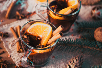 mulled wine, fir branches, cinnamon - comforting Christmas drink