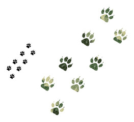Camouflage low-poly collage tiger paw trace icon. Low-poly tiger paw trace icon is designed from chaotic camo filled triangle parts. Vector tiger paw trace icon created in camouflage army style.