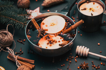 mulled wine, fir branches, cinnamon - comforting Christmas drink