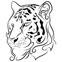 Tiger head silhouette tattoo. Sketch of panther face. Line art of a calm jaguar face in tribal tattoo style. Isolated vector illustration.