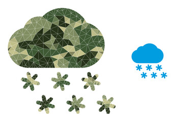 Camouflage low-poly mosaic snow weather icon. Low-poly snow weather icon designed with scattered camo colored triangle parts. Vector snow weather pictogram in camo army style.