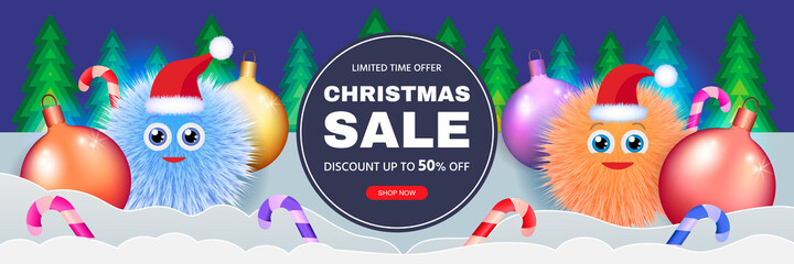 Merry Christmas sale discount banner. Modern design Christmas background with gifts. Gnomes with New Year's decorations and sweets. Flat style geometric smooth rounded shapes. New Year card. Template 