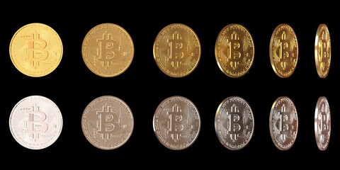 Set of bitcoins rotating on its axis. Different positions of silver bitcoins and gold bitcoins. Realistic interactive coin on black background. 3d render