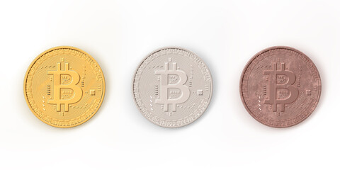 Set of gold, silver and copper bitcoins. interactive coin face with realistic finish. 3d render