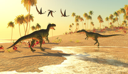 Monolophosaurus Dinosaur Hunt - Monolophosaurus theropod dinosaurs search for prey along an  ocean beach as Dorygnathus reptiles fly over. © Catmando