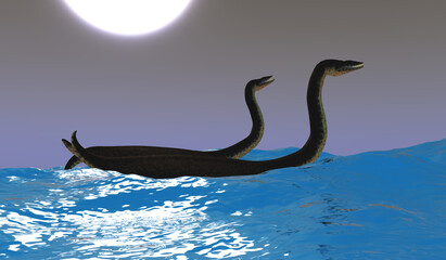 Plesiosaurus Ride Waves - Two Plesiosaurus carnivorous reptiles have fun riding ocean waves on a moonlit night.