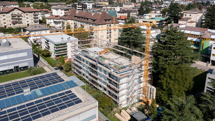 Aerial view of a renovation and elevation of an old residential building or family condominium  in...