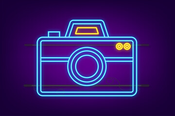 Neon sign of photo camera sign. Photography symbol. Vector stock illustration.