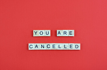 Phrase You Are Сancelled and hashtag sign on wood bloks with lettering on red background. Cancel culture concept. Copy space.