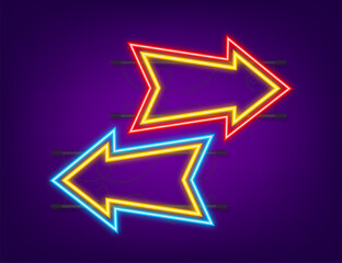 Neon arrow on dark backdrop. Vector white light. Graphic color background. Vector illustration