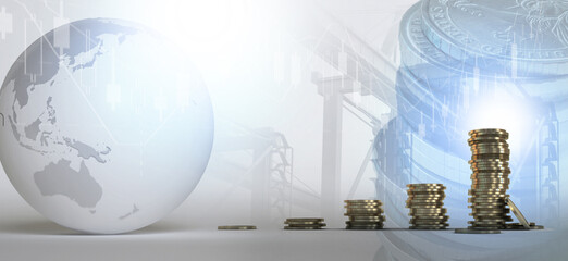 Graphs, earth, coins for Glabal financial and business concepts 3d illustration.