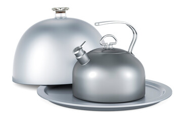 Restaurant cloche with big metallic kettle with a whistle. 3D rendering