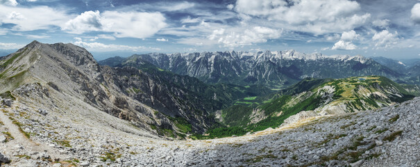 Naklejka na ściany i meble Scenic view of Totes Gebirge mountainrange with stodertal valley