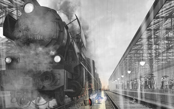 English railway station 1930 with a dead wizard between the tracks, 3d rendering, 3d illustration 
