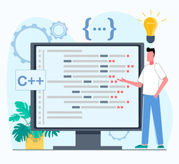 Programmer working. The programmer works on the computer. A man is standing next to a monitor showing windows with program code. Flat vector illustration.