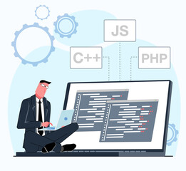 Programmer working. The programmer works on the computer. A man sits with a laptop, the monitor shows windows with program code. Flat vector illustration.