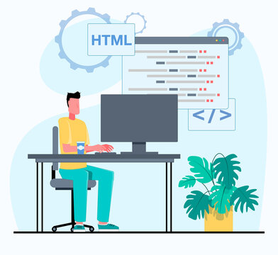 Programmer working. The programmer works on the computer. A man sits at his desk, above him windows with program code. Flat vector illustration.