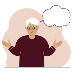 Elderly man with a smile thinks and empty thoughts, speech bubble. Grandpa spread his arms to the sides. Place for your text.