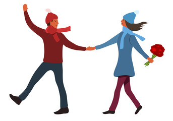 Lovers, strolling couple holding hands, the girl is holding flowers and the man is something enthusiastically says. Vector illustration