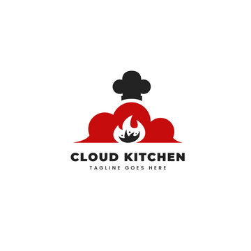 hot clout kitchen logo with cloud, chef hat, and flame fire icon symbol illustration
