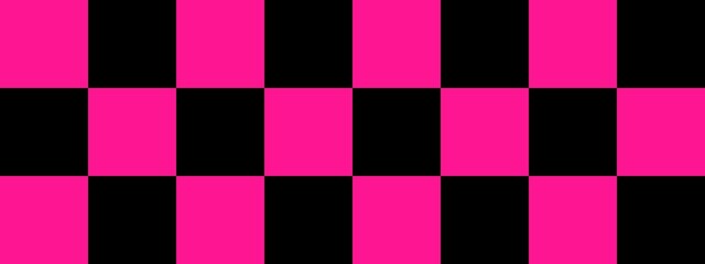 Checkerboard banner. Black and Deep pink colors of checkerboard. Big squares, big cells. Chessboard, checkerboard texture. Squares pattern. Background.