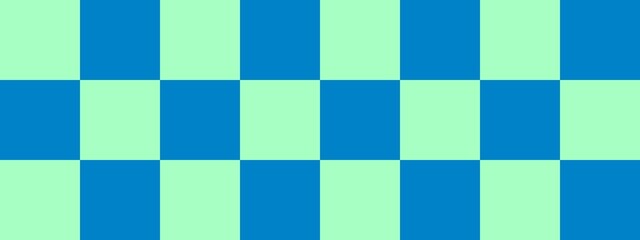 Checkerboard banner. Blue and Mint colors of checkerboard. Big squares, big cells. Chessboard, checkerboard texture. Squares pattern. Background.
