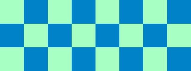 Checkerboard banner. Blue and Mint colors of checkerboard. Big squares, big cells. Chessboard, checkerboard texture. Squares pattern. Background.