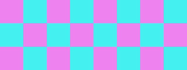 Checkerboard banner. Cyan and Violet colors of checkerboard. Big squares, big cells. Chessboard, checkerboard texture. Squares pattern. Background.