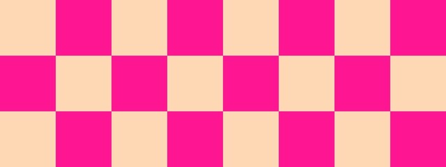 Checkerboard banner. Deep pink and Apricot colors of checkerboard. Big squares, big cells. Chessboard, checkerboard texture. Squares pattern. Background.