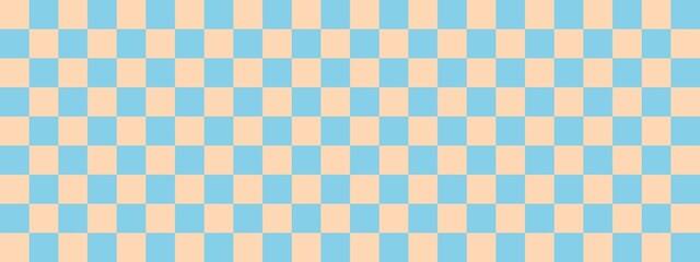 Checkerboard banner. Sky blue and Apricot colors of checkerboard. Small squares, small cells. Chessboard, checkerboard texture. Squares pattern. Background.