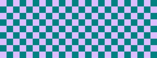 Fototapeta premium Checkerboard banner. Teal and Lavender colors of checkerboard. Small squares, small cells. Chessboard, checkerboard texture. Squares pattern. Background.