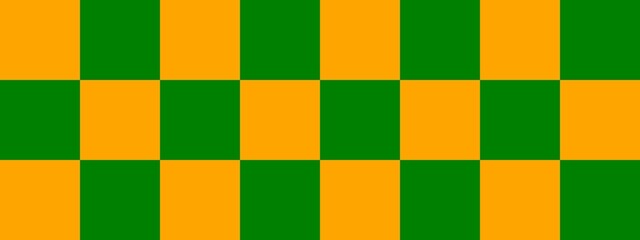 Checkerboard banner. Green and Orange colors of checkerboard. Big squares, big cells. Chessboard, checkerboard texture. Squares pattern. Background.