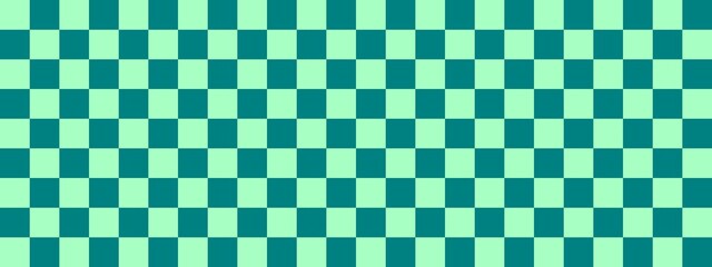 Checkerboard banner. Teal and Mint colors of checkerboard. Small squares, small cells. Chessboard, checkerboard texture. Squares pattern. Background.