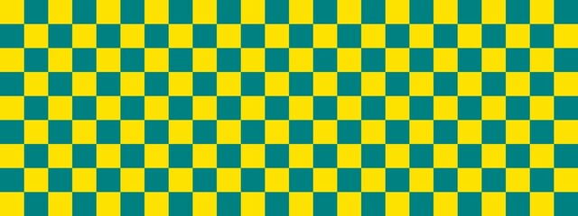 Checkerboard banner. Teal and Yellow colors of checkerboard. Small squares, small cells. Chessboard, checkerboard texture. Squares pattern. Background.