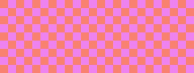 Checkerboard banner. Violet and Salmon colors of checkerboard. Small squares, small cells. Chessboard, checkerboard texture. Squares pattern. Background.