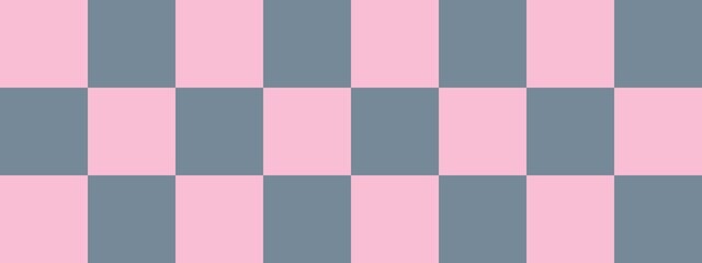 Checkerboard banner. Light Slate Grey and Pink colors of checkerboard. Big squares, big cells. Chessboard, checkerboard texture. Squares pattern. Background.