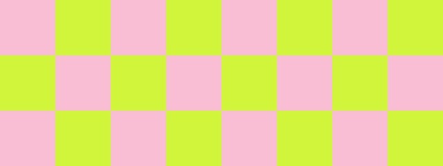 Checkerboard banner. Lime and Pink colors of checkerboard. Big squares, big cells. Chessboard, checkerboard texture. Squares pattern. Background.