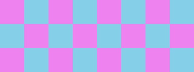 Checkerboard banner. Sky blue and Violet colors of checkerboard. Big squares, big cells. Chessboard, checkerboard texture. Squares pattern. Background.