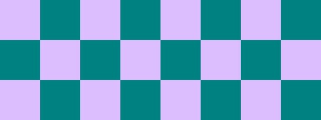 Checkerboard banner. Teal and Lavender colors of checkerboard. Big squares, big cells. Chessboard, checkerboard texture. Squares pattern. Background.