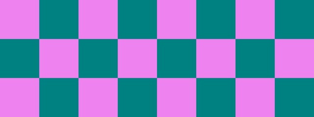 Checkerboard banner. Teal and Violet colors of checkerboard. Big squares, big cells. Chessboard, checkerboard texture. Squares pattern. Background.